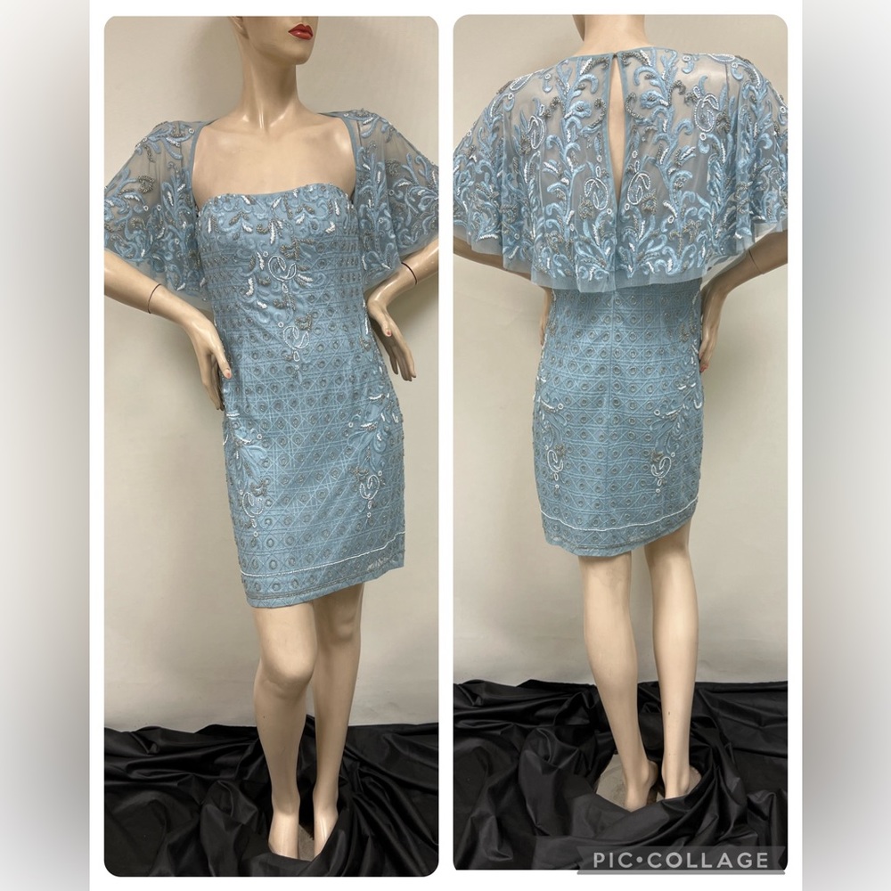 Aidan Mattox beaded flutter sleeves with attached shawl dress